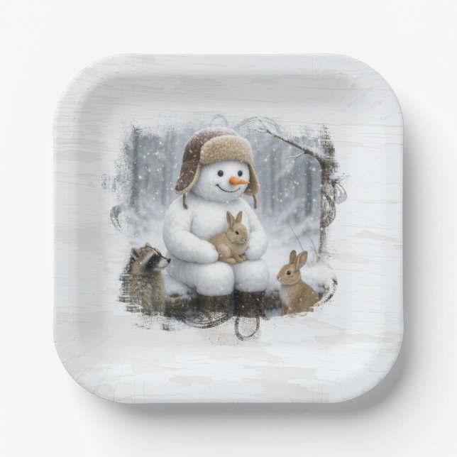 Plato De Papel Christmas Snowman With Friends In Winter Woods (Anverso)