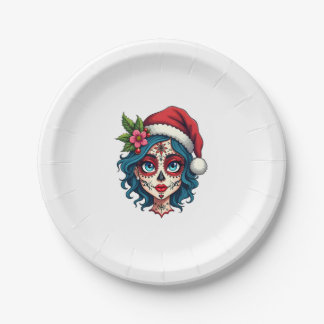 Plato De Papel Christmas Sugar Skull Art Woman Santa Hat Festive 
