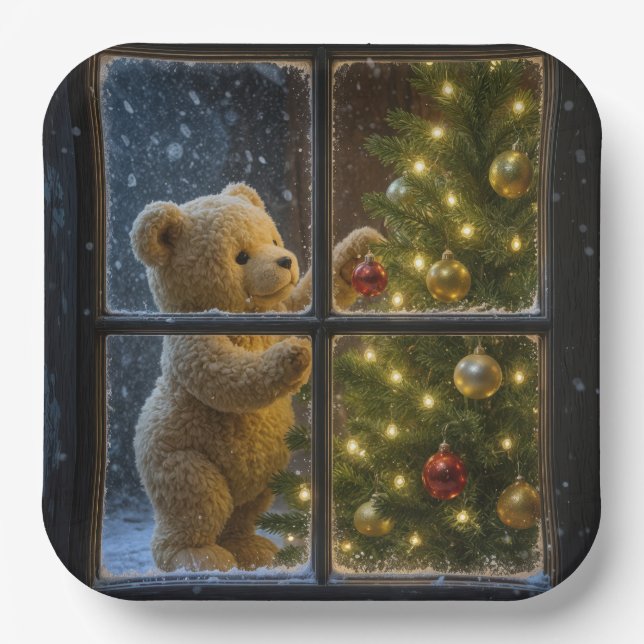 Plato De Papel Christmas Teddy Bear Decorating a Tree (Anverso)