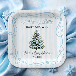 Plato De Papel Christmas Tree Blue Winter Baby Shower