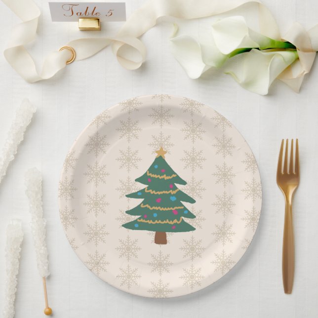 Plato De Papel Christmas Tree Illustration Snowflake Pattern (Boda)