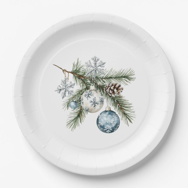 Plato De Papel Christmas Tree Silver Snowflakes Blue Ornaments (Anverso)