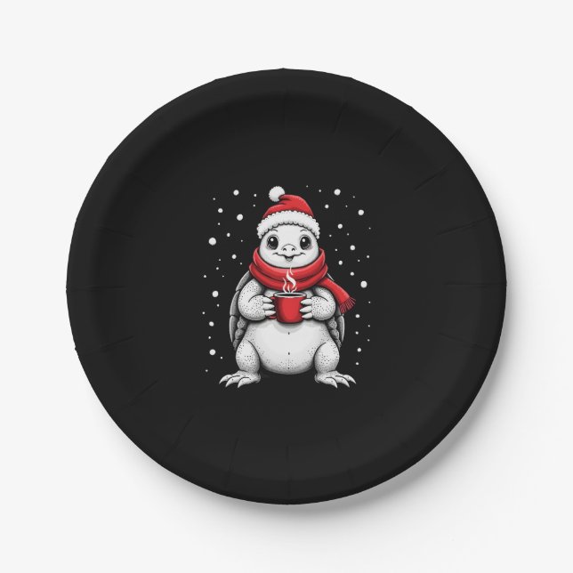 Plato De Papel Christmas Turtle with Santa Hat Coffee Lover Funny (Anverso)