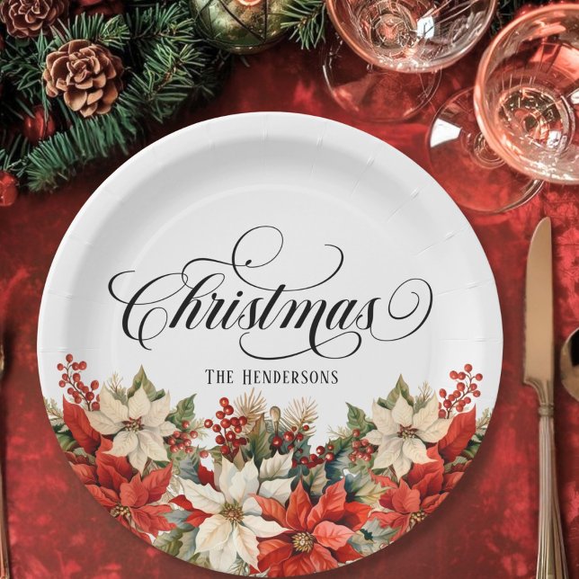 Plato De Papel Christmas Typography Custom Name Poinsettia (Christmas Typography Custom Name Poinsettia Paper Plates)