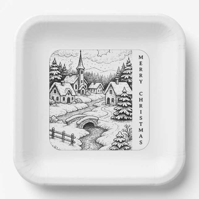 Plato De Papel Christmas Village in Winter (Anverso)