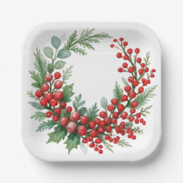 Plato De Papel Christmas winter red berries with greenery