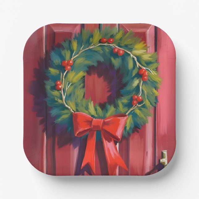 Plato De Papel Christmas Wreath Red Door Watercolor (Anverso)