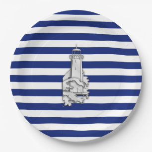 Plato De Papel Chrome Like Lighthouse on Nautical Stripes