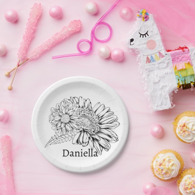 Plato De Papel Chrysanthemum Black Line Drawing with Your Name  (Fiesta)