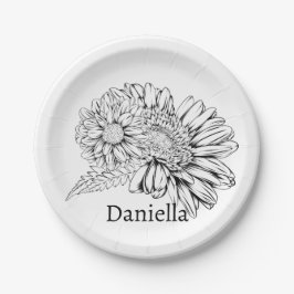 Plato De Papel Chrysanthemum Black Line Drawing with Your Name 