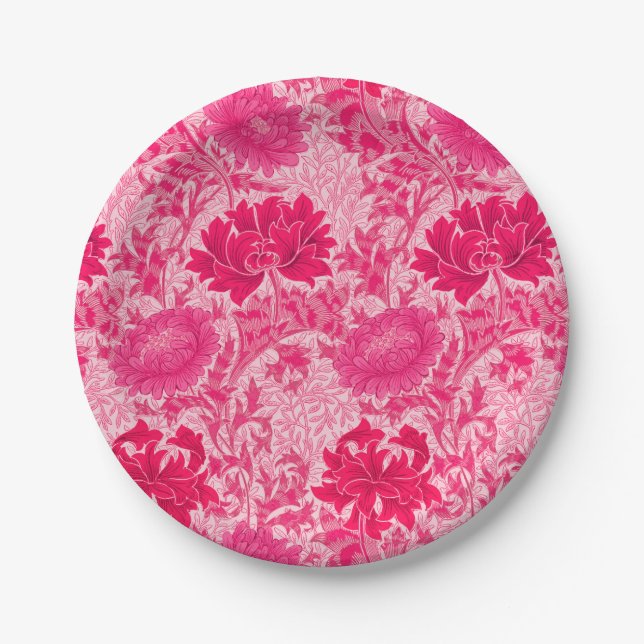 Plato De Papel Chrysanthemums de William Morris, rosa de Fuchsia (Anverso)