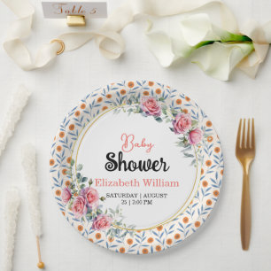 Plato De Papel Chubasquero de rosas y eucalipto en acuarela para