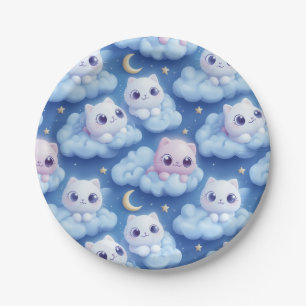 Plato De Papel "Chubby Kawaii Gats and Clouds 3D Seamless Pattern