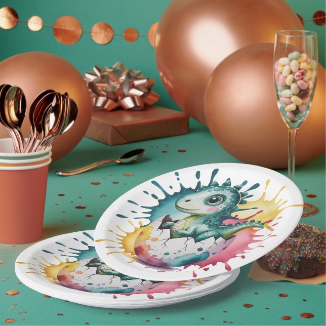 Plato De Papel Chulo dinosaurio con salpicaduras de acuarela Baby (Multi)
