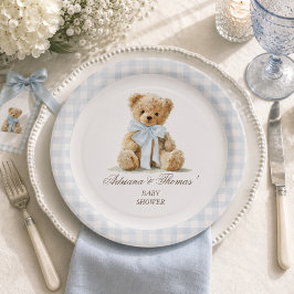Plato De Papel Chupete de cuadros azules para baby shower de niño