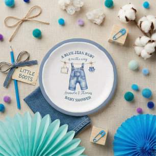 Plato De Papel Chupete de mezclilla para baby shower azul 