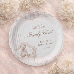 Plato De Papel Chupete de osito de peluche rosa para baby shower 