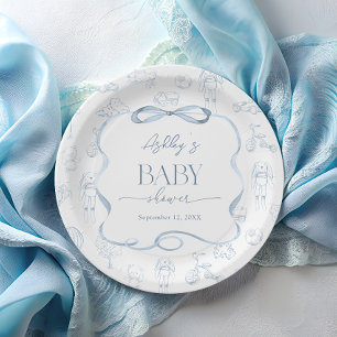 Plato De Papel Chupete del vivero azul Toile De Jouy Baby shower