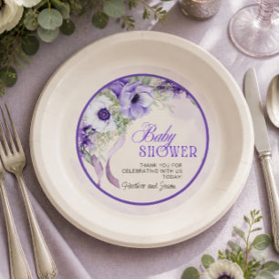 Plato De Papel Chupinada de bebé con flores moradas elegantes