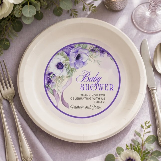 Plato De Papel Chupinada de bebé con flores moradas elegantes (Subido por el creador)