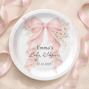 Plato De Papel Chupinada de Bebé Niña con Lazo Rosa Elegante