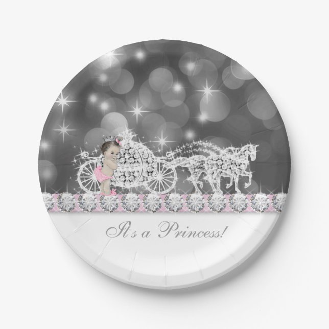 Plato De Papel Chupinada de princesa elegante rosa y gris (Anverso)