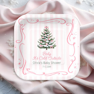 Plato De Papel Chupinada del árbol de Navidad de invierno rosa pa
