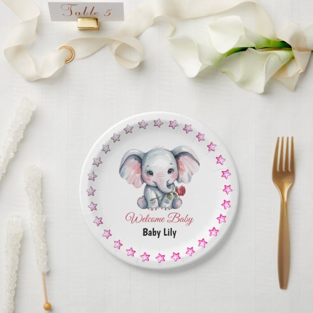 Plato De Papel Chupito de elefante de acuarela rosa (Boda)