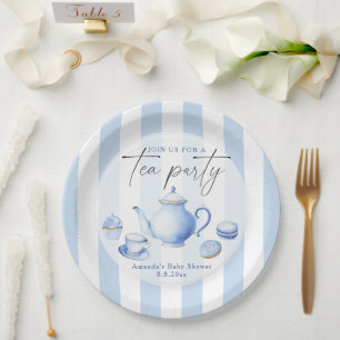 Plato De Papel Chupito de té azul de acuarela baby shower