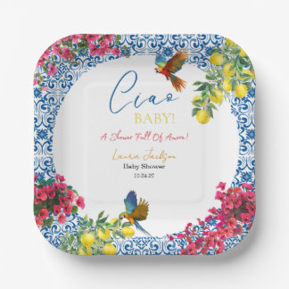 Plato De Papel Ciao Baby Baldosa Azul Italiana Limones Baby Showe