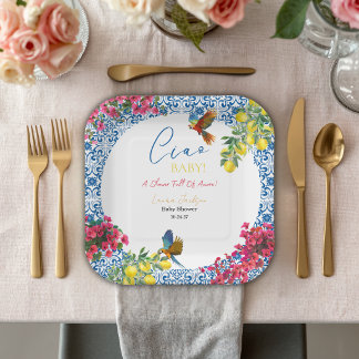 Plato De Papel Ciao Baby Baldosa Azul Italiana Limones Baby Showe