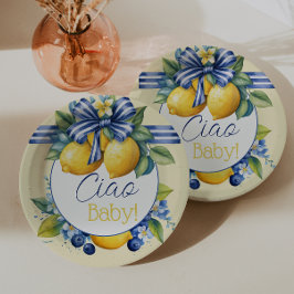 Plato De Papel Ciao Baby Blue Bow Tile Lemon Baby Shower