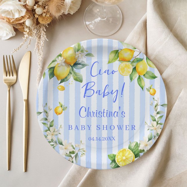 Plato De Papel Ciao Baby Blue Lemons Baby Shower Paper Plate (Ciao Baby Blue Stripe Lemons Baby Shower plates)