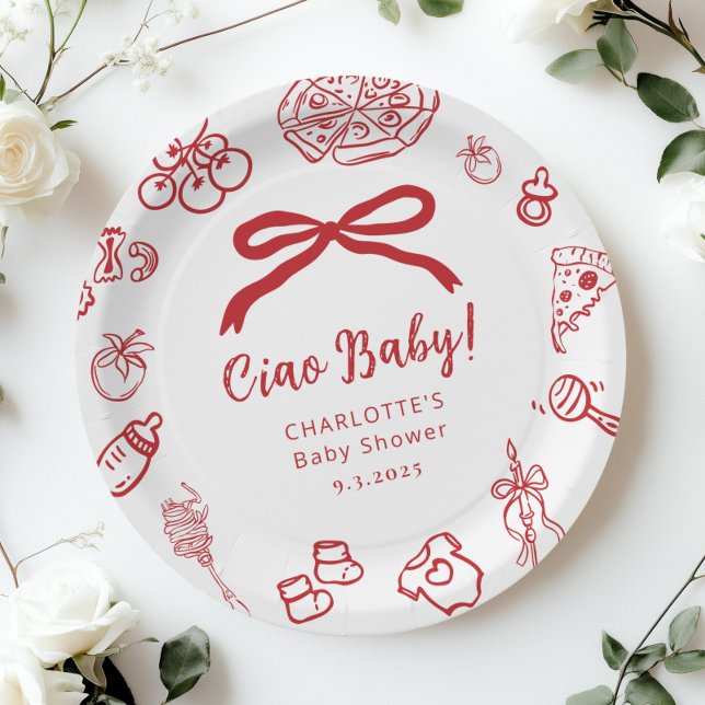 Plato De Papel Ciao Baby Pizza Whimsical Bow Baby Shower (Subido por el creador)