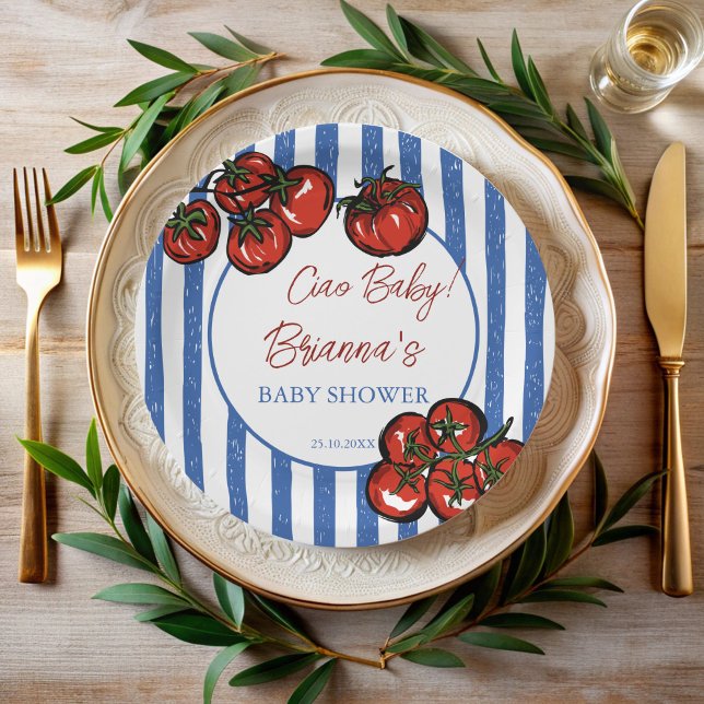 Plato De Papel Ciao baby tomato blue stripes Italian baby shower (Ciao baby cherry tomato blue stripes Italian farmers market baby shower personalized Paper Plates)