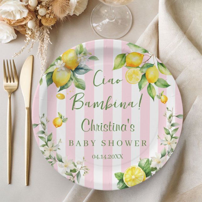 Plato De Papel Ciao Bambina Baby Shower Pink Lemon Paper Plate (Ciao Bambina Baby Shower Pink Citrus Paper plates)