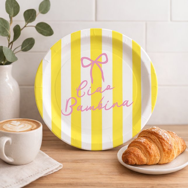 Plato De Papel Ciao Bambina Yellow Stripe Lemon Baby Shower (Ciao-Bambina-Yellow-Stripe-Lemon-Baby-Shower-Paper-Plates)