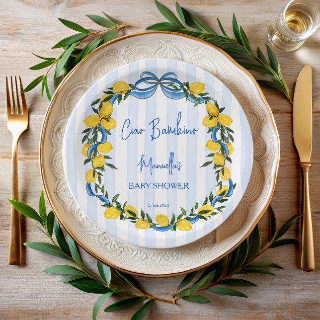 Plato De Papel Ciao bambino lemons personalizado de ducha infanti (Ciao bambino lemons blue ribbon stripped Italian baby shower personalized Paper Plates)