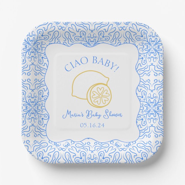 Plato De Papel ¡Ciao Bebé! Baby Shower italiano Lemon Blue (Anverso)