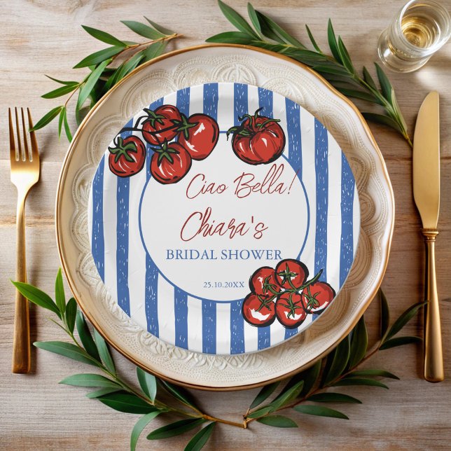 Plato De Papel Ciao bella tomato stripes Italian bridal shower (Ciao bella tomato blue stripes Italian pasta farmers market  bridal shower personalized Paper Plates)