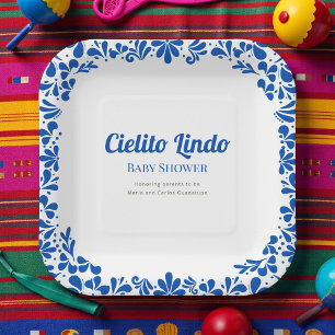 Plato De Papel Cielito Lindo Azul Talavera Floral Baby Shower 