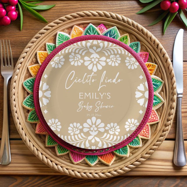 Plato De Papel Cielito lindo beige fiesta mexicana ducha de bebé (Cielito lindo beige Mexican fiesta papel picado baby shower personalized Paper Plates custom decor)