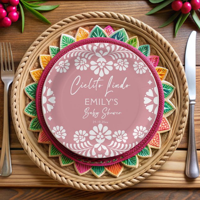Plato De Papel Cielito lindo ducha de bebé mexicana rosa (Cielito lindo dusty pink Mexican fiesta papel picado baby shower personalized Paper Plates)