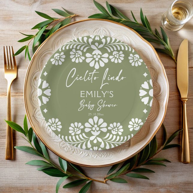 Plato De Papel Cielito lindo sage ducha infantil mexicana verde (Cielito lindo sage green Mexican baby shower monogrammed Paper Plates personalized party decor)