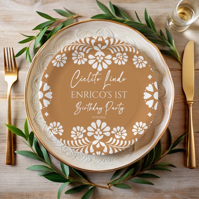 Plato De Papel Cielito lindo terracota personalizado de cumpleaño (Cielito lindo terracotta Mexican birthday party monogrammed printed  Paper Plates personalized decor)