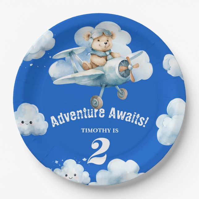 Plato De Papel Cielo alto de Teddy: Segundo cumpleaños (Anverso)