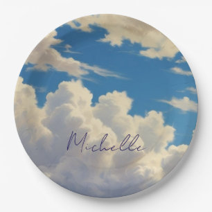 Plato De Papel Cielo Azul Nubes Plano Moderno Nombre Propio Calig