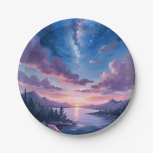 Plato De Papel Cielo Nocturno   Lago Estrellado Púrpura Acuarela