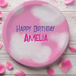 Plato De Papel Cielo rosa y nubes onduladas Cumpleaños