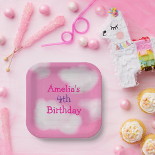 Plato De Papel Cielo rosa y nubes onduladas Cumpleaños